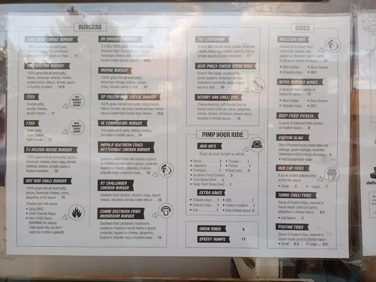 Menu, Kustom Burgers Thornbury