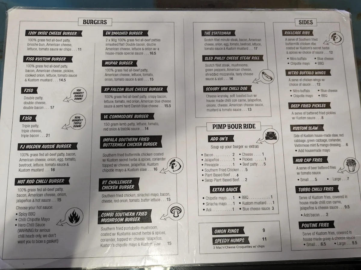 Menu, Kustom Burgers Thornbury