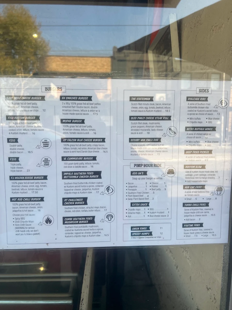 Menu, Kustom Burgers Thornbury