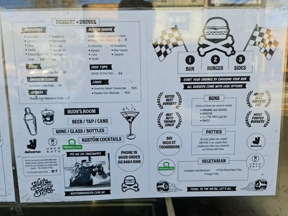 Menu, Kustom Burgers Thornbury