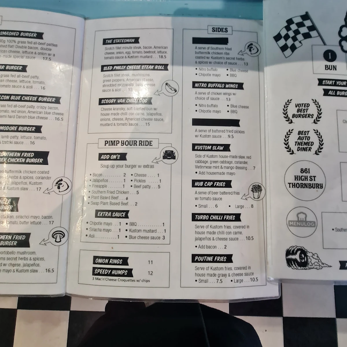 Menu, Kustom Burgers Thornbury