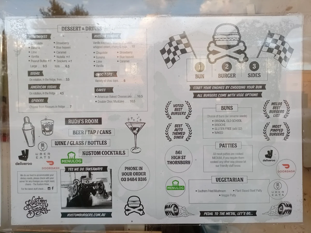 Menu, Kustom Burgers Thornbury