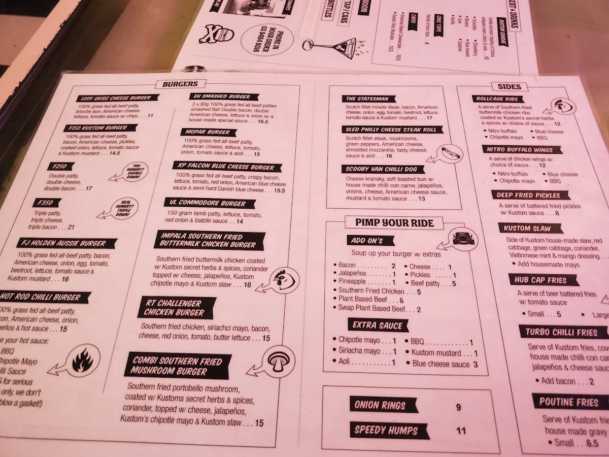 Menu, Kustom Burgers Thornbury
