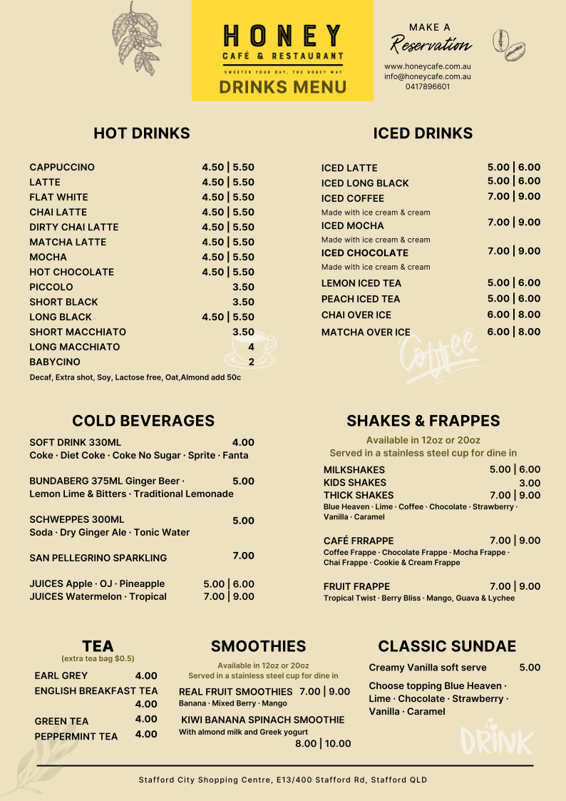 Menu, Honey Cafe & Restaurant