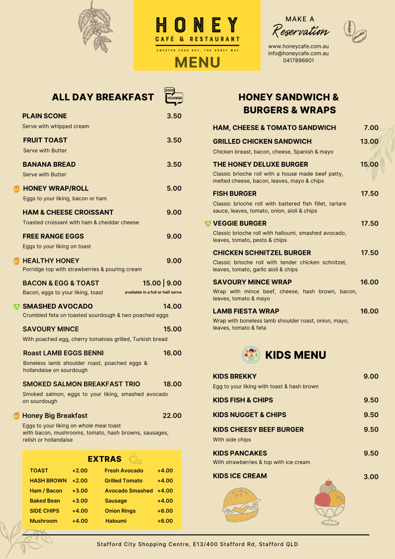 Menu, Honey Cafe & Restaurant