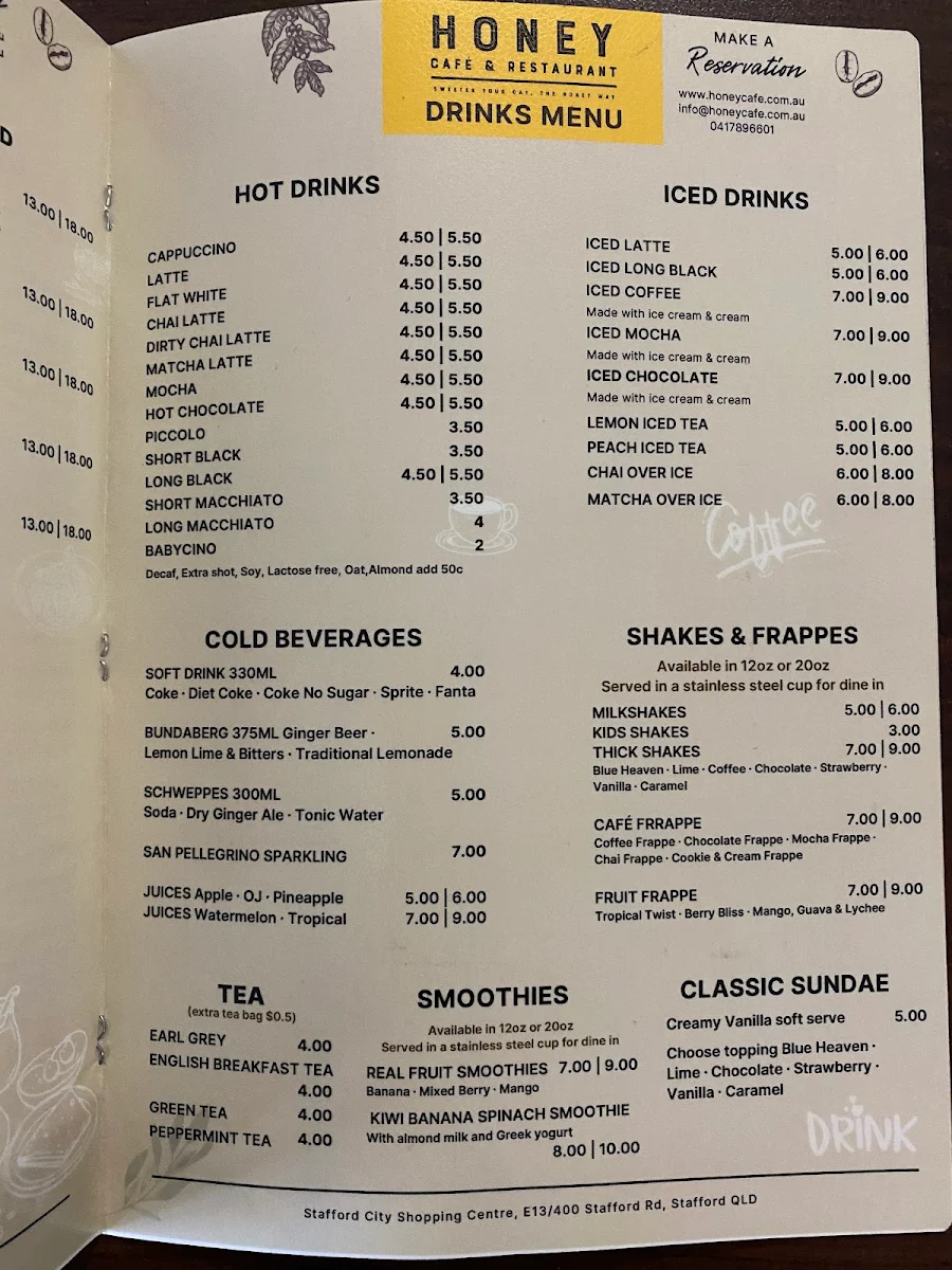 Menu, Honey Cafe & Restaurant