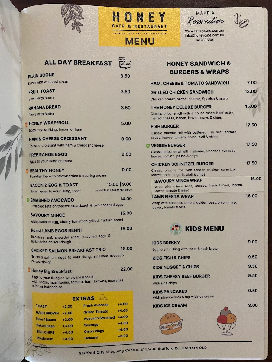 Menu, Honey Cafe & Restaurant