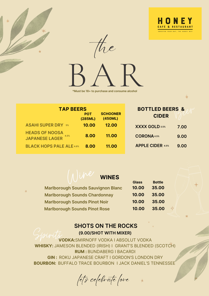 Menu, Honey Cafe & Restaurant