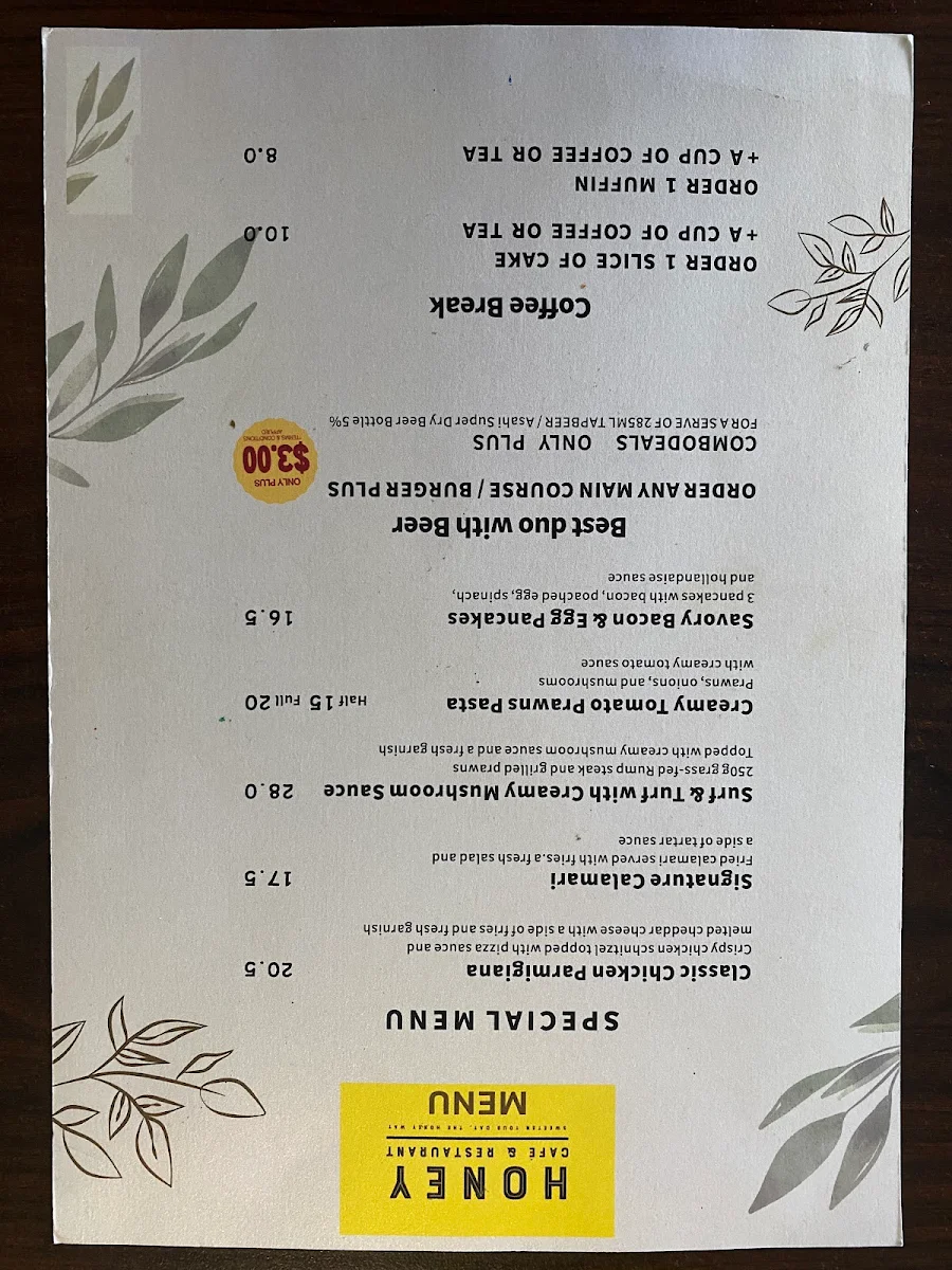 Menu, Honey Cafe & Restaurant