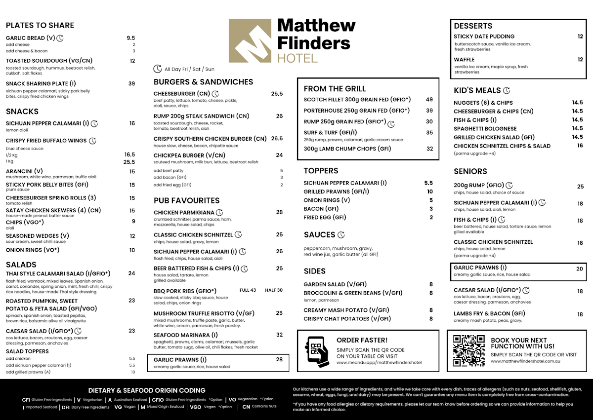 Menu, Matthew Flinders Hotel