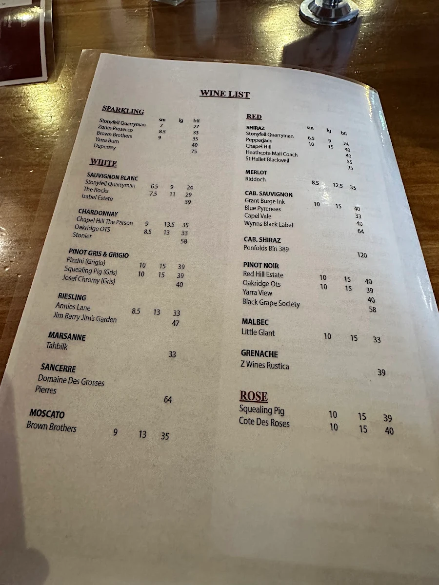 Menu, Matthew Flinders Hotel