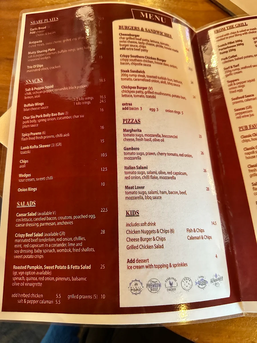 Menu, Matthew Flinders Hotel