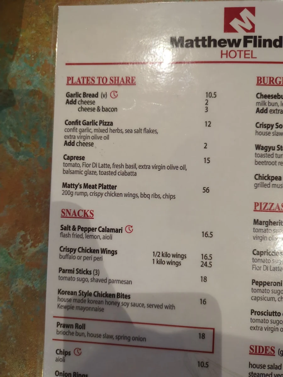Menu, Matthew Flinders Hotel