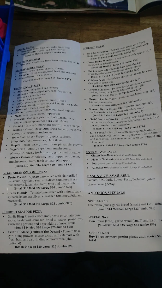 Menu, Antonio's Pizzeria