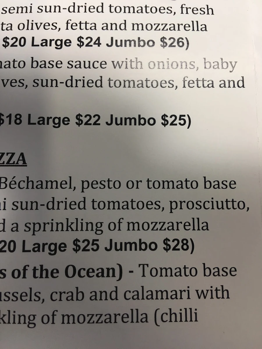 Menu, Antonio's Pizzeria