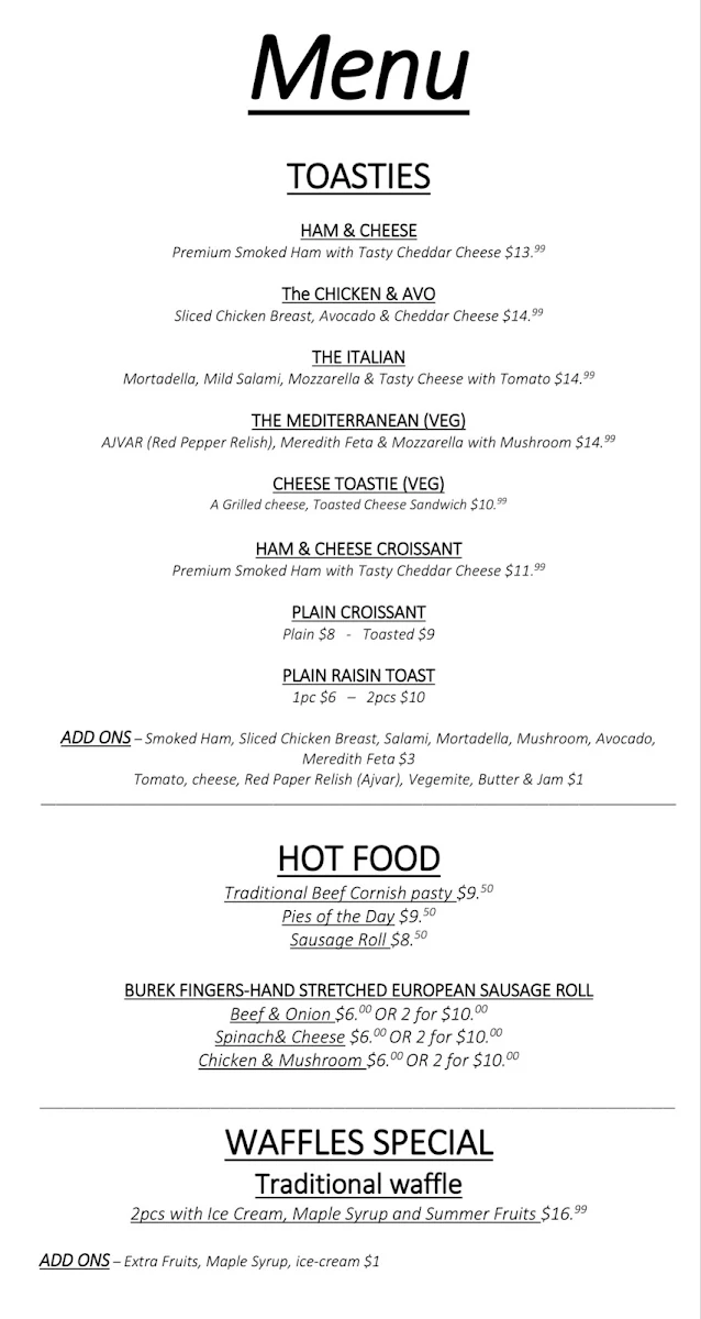 Menu, Harry’s coffee shop