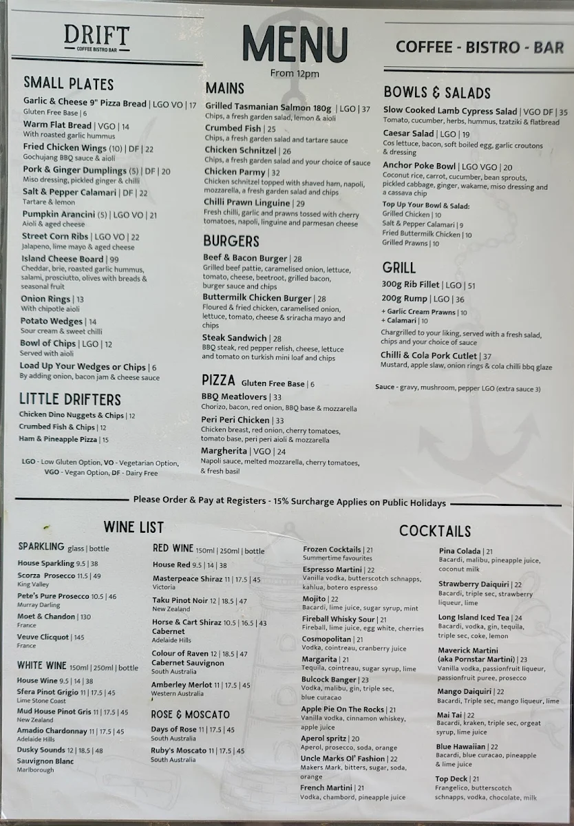 Menu, Drift Bar