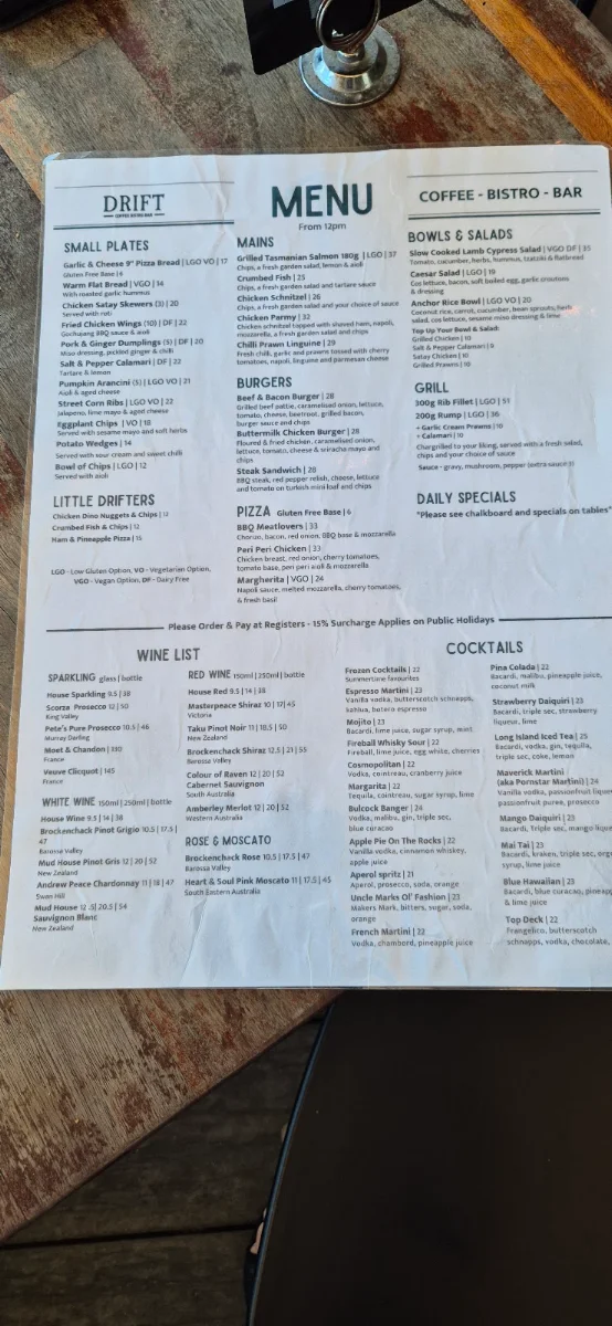 Menu, Drift Bar
