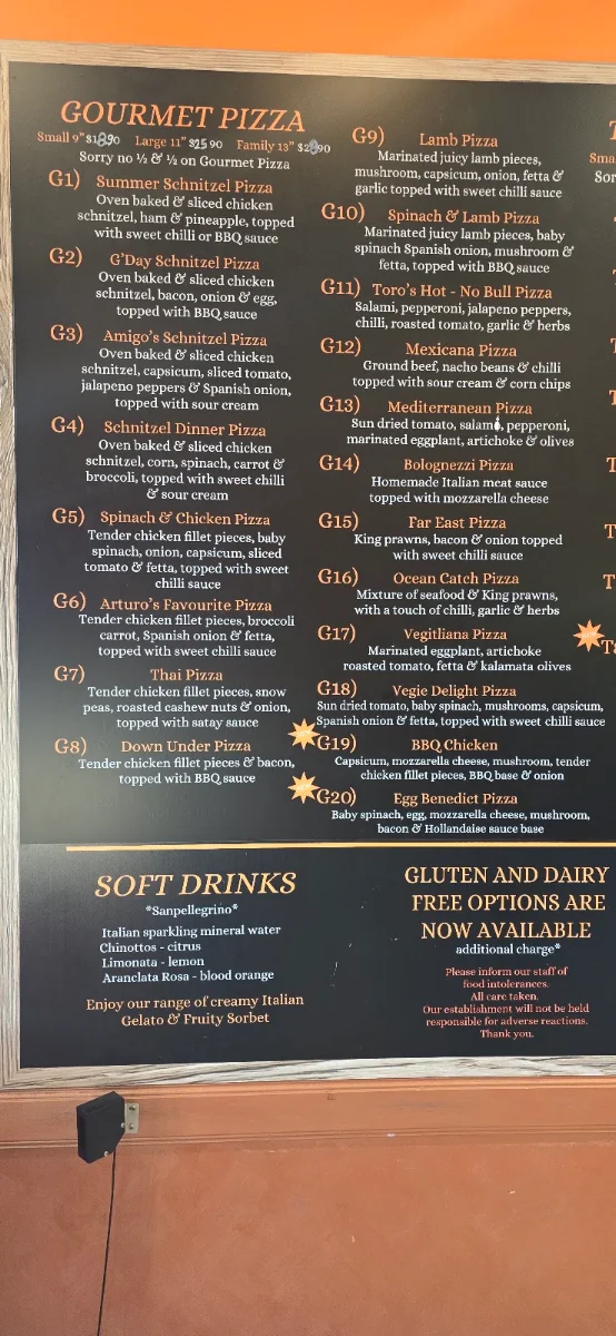 Menu, Arturos pizza & pasta