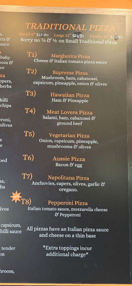 Menu, Arturos pizza & pasta