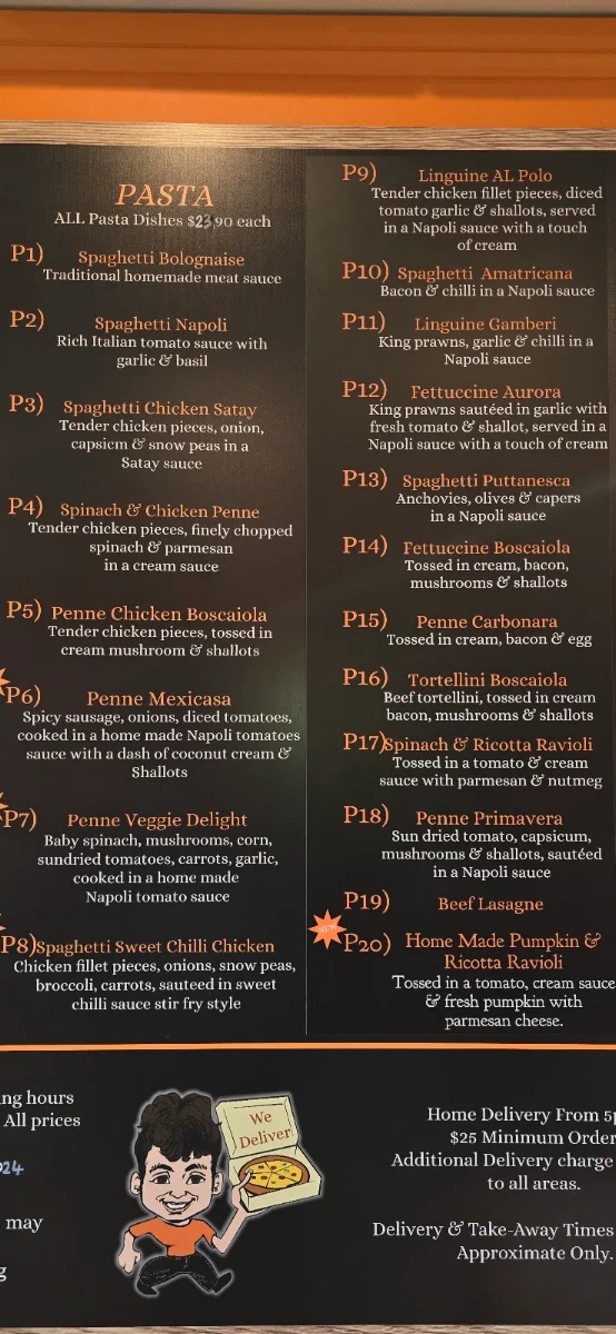 Menu, Arturos pizza & pasta