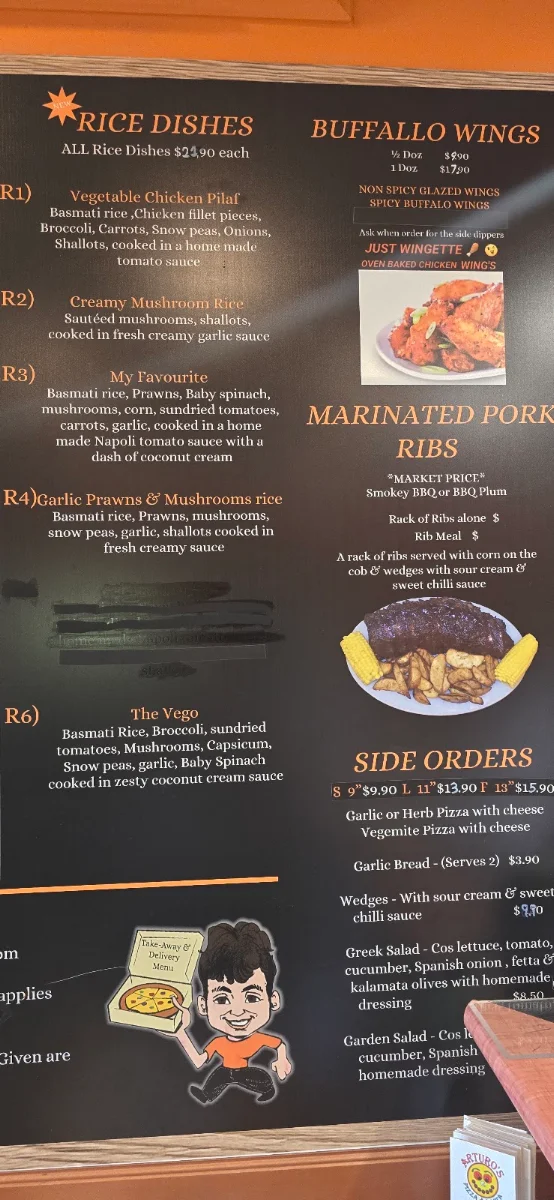 Menu, Arturos pizza & pasta