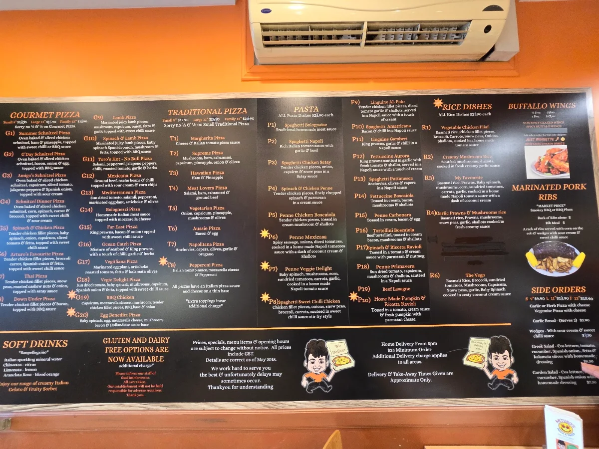 Menu, Arturos pizza & pasta