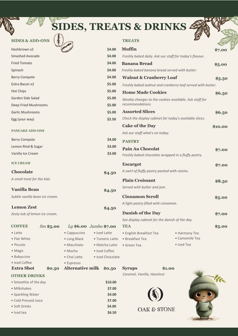 Menu, Oak & Stone Cafe