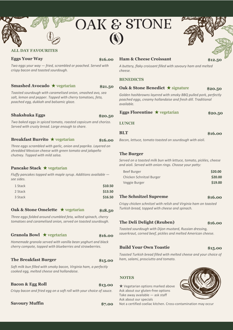 Menu, Oak & Stone Cafe