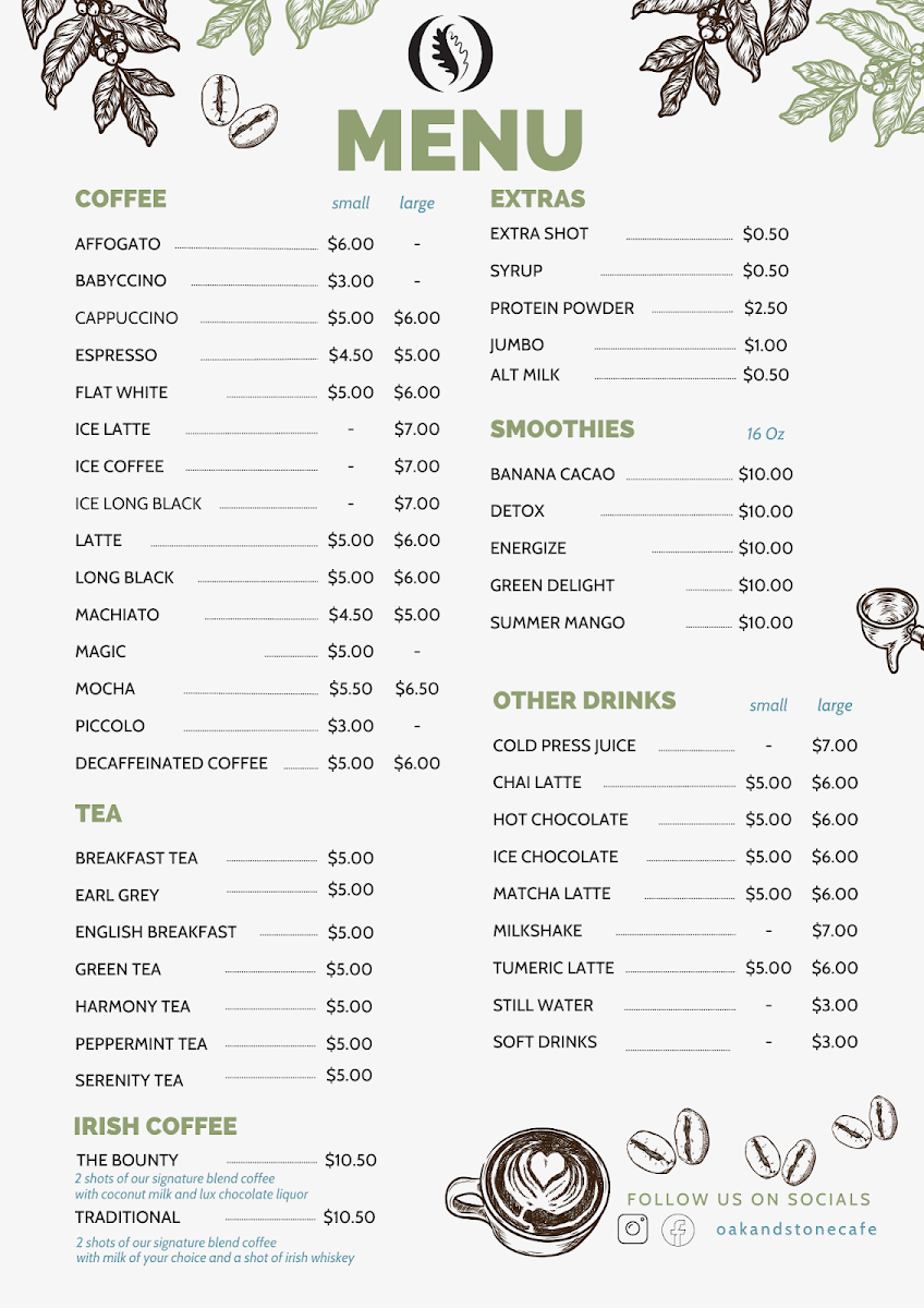 Menu, Oak & Stone Cafe