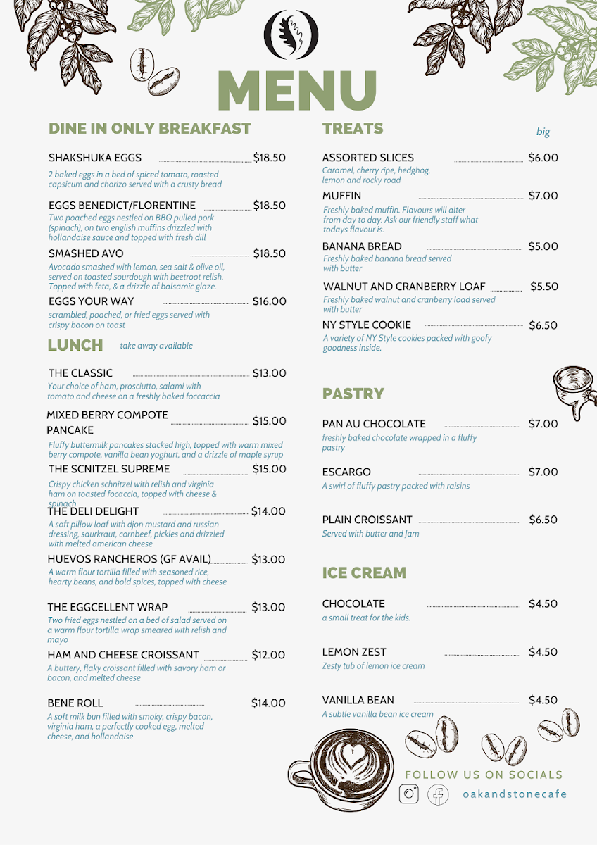Menu, Oak & Stone Cafe