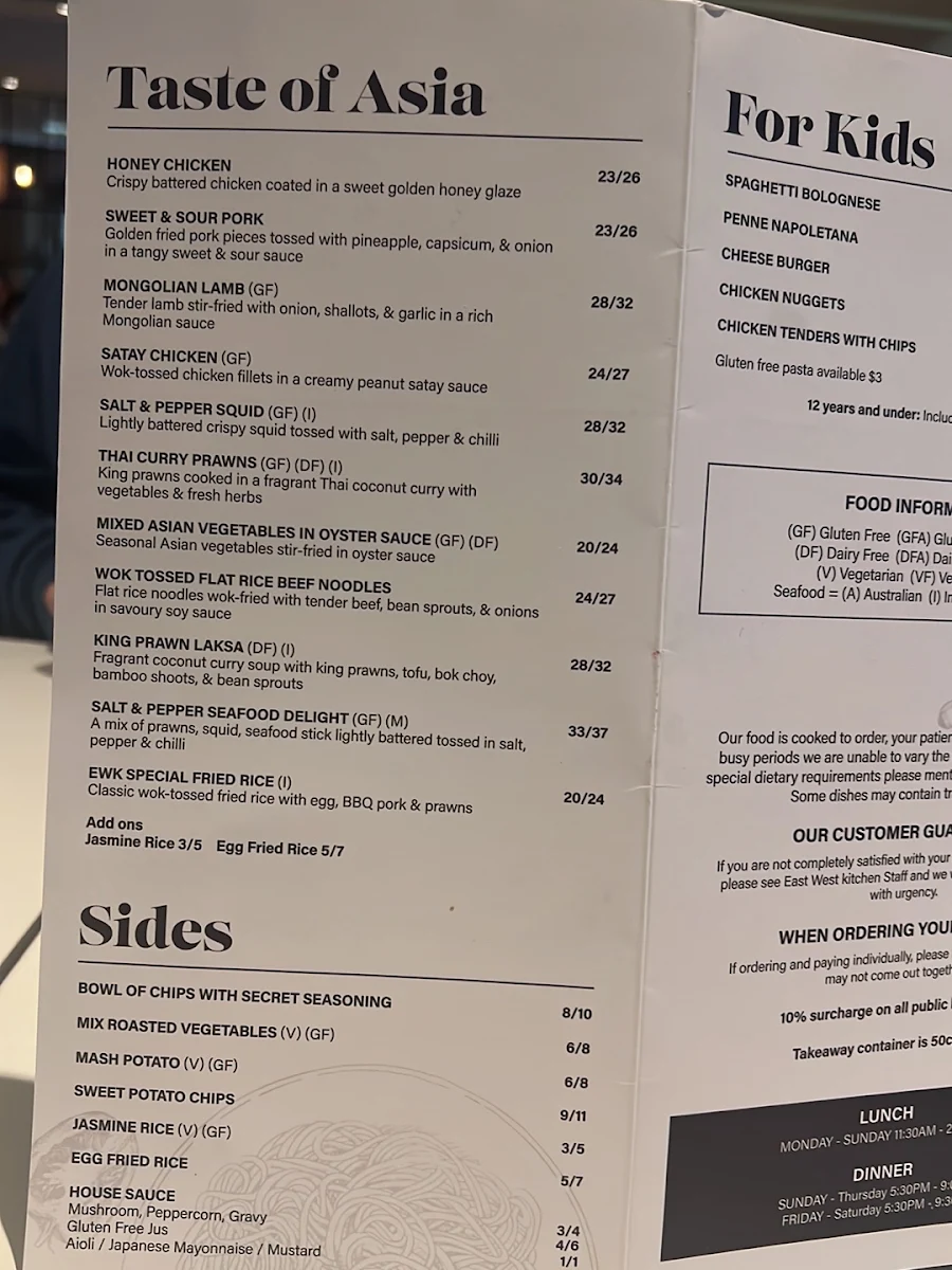 Menu, East West Kitchen