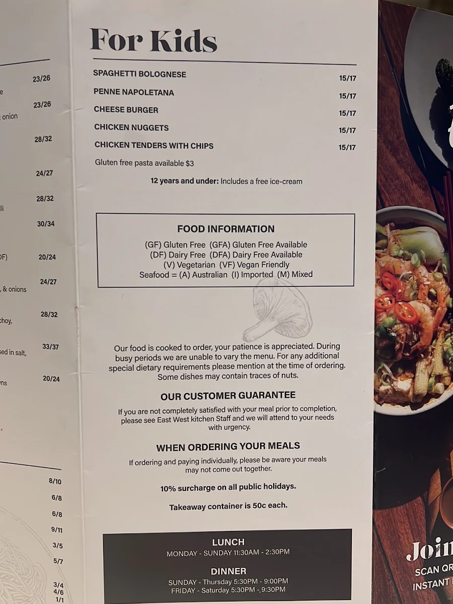 Menu, East West Kitchen