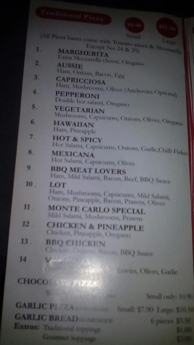 Menu, Monte Carlo pizza