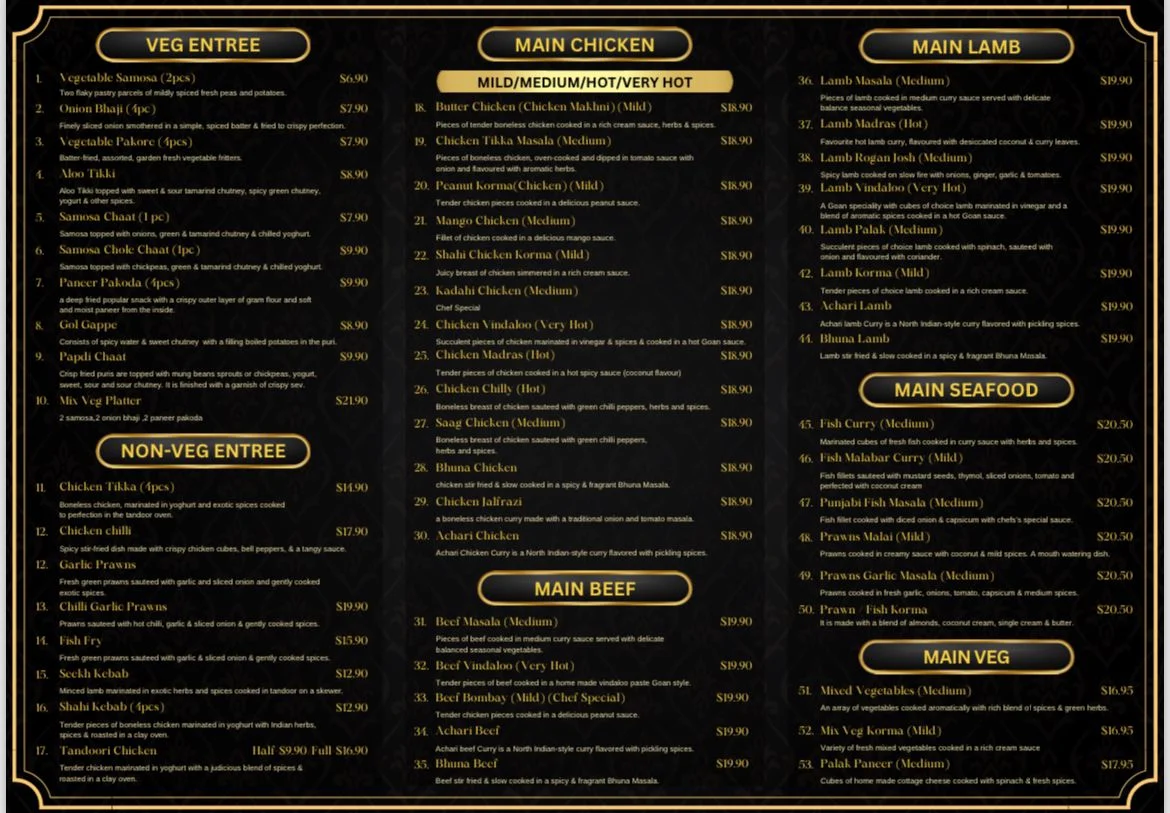 Menu, ZAIKA INDIAN KITCHEN
