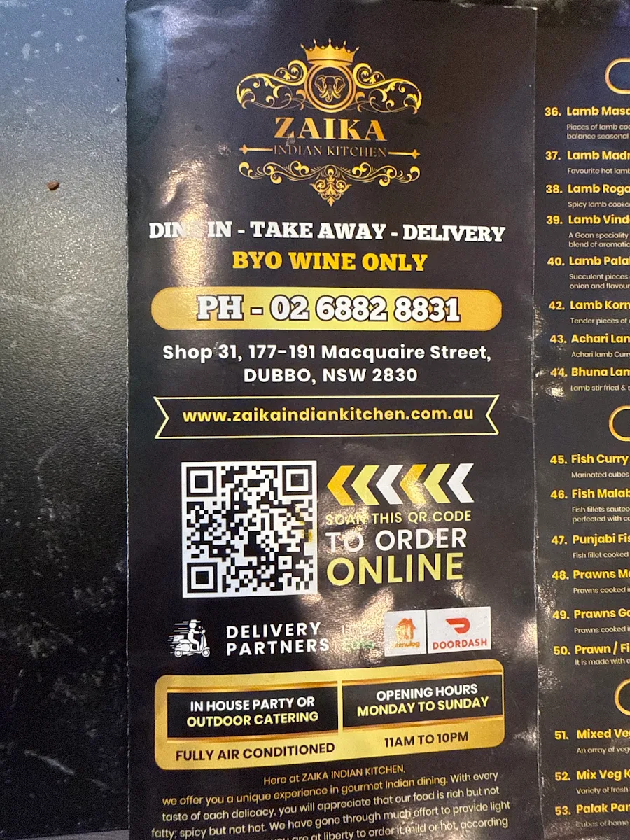Menu, ZAIKA INDIAN KITCHEN