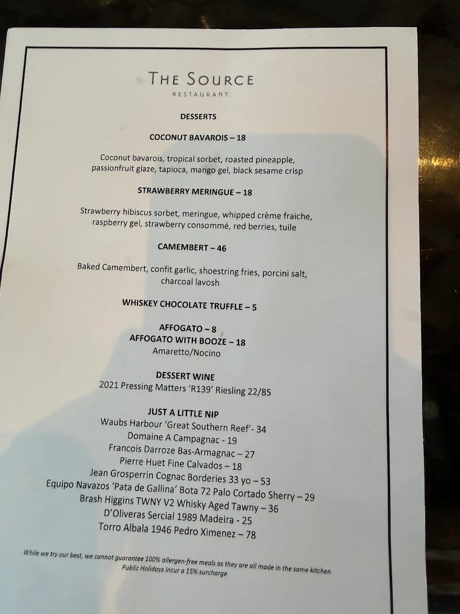 Menu, The Source Restaurant