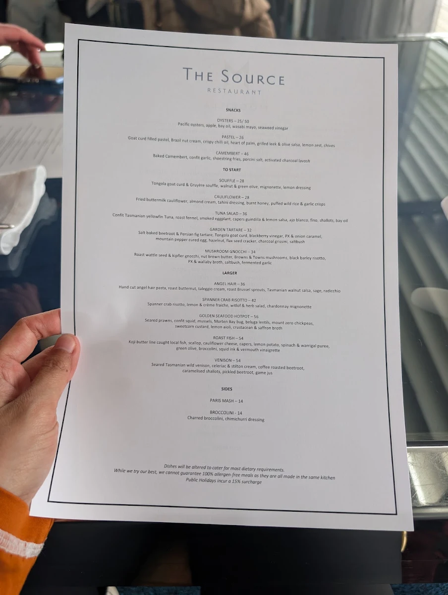 Menu, The Source Restaurant