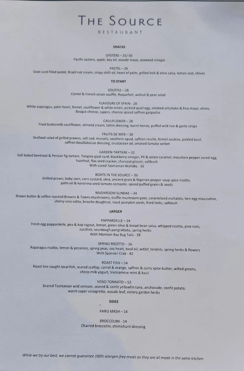 Menu, The Source Restaurant