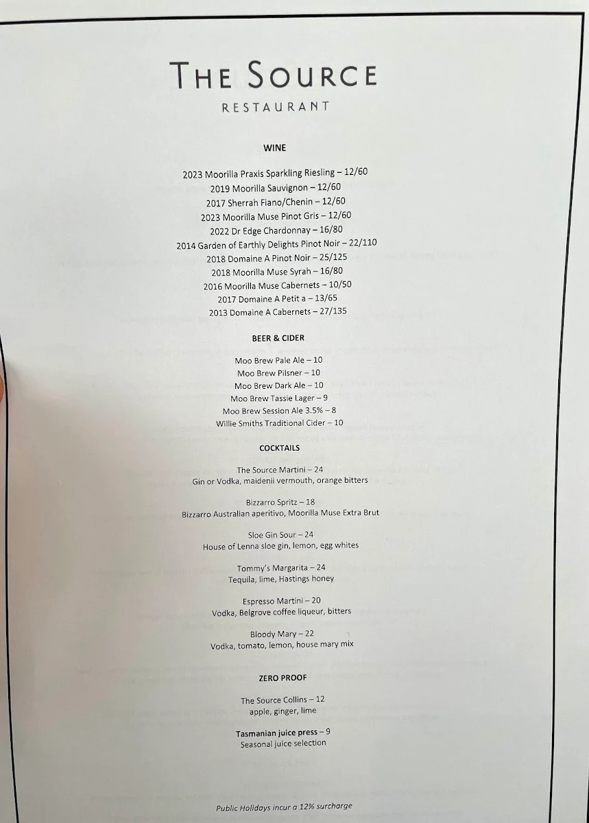 Menu, The Source Restaurant
