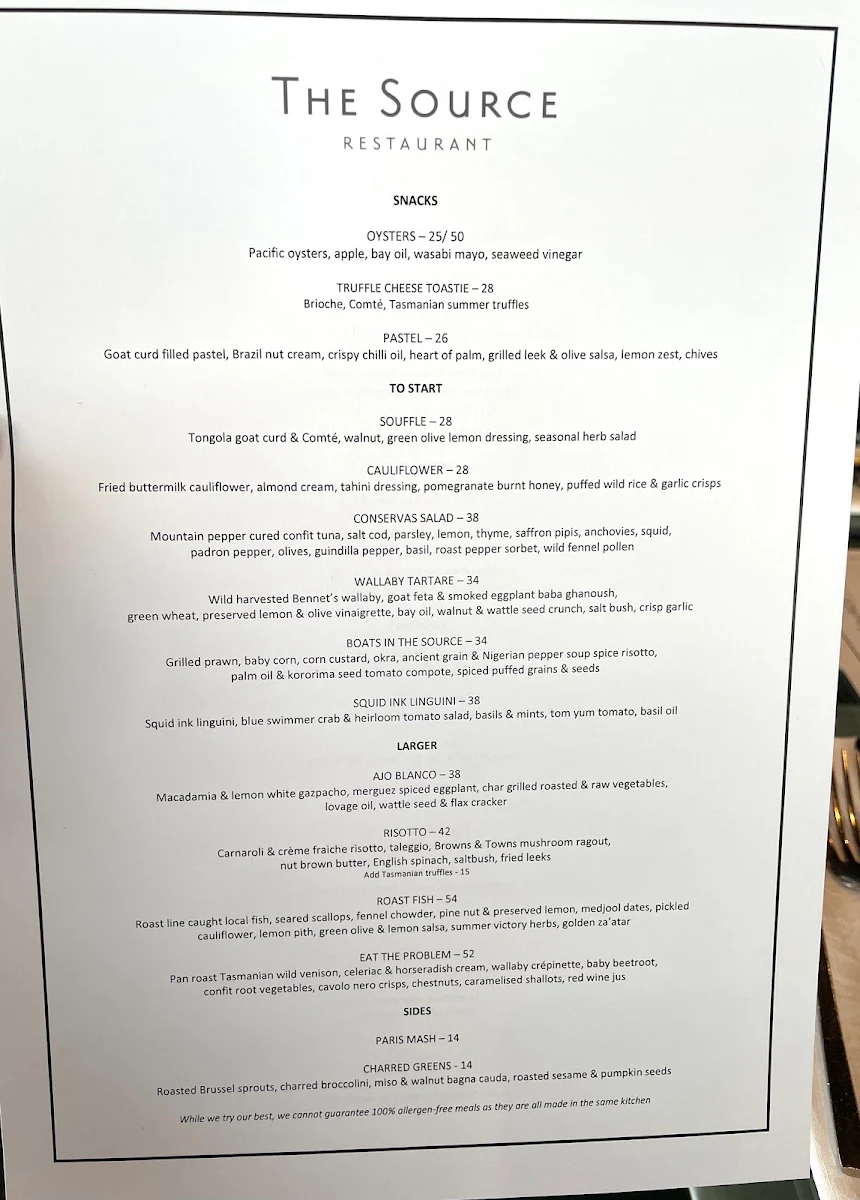 Menu, The Source Restaurant