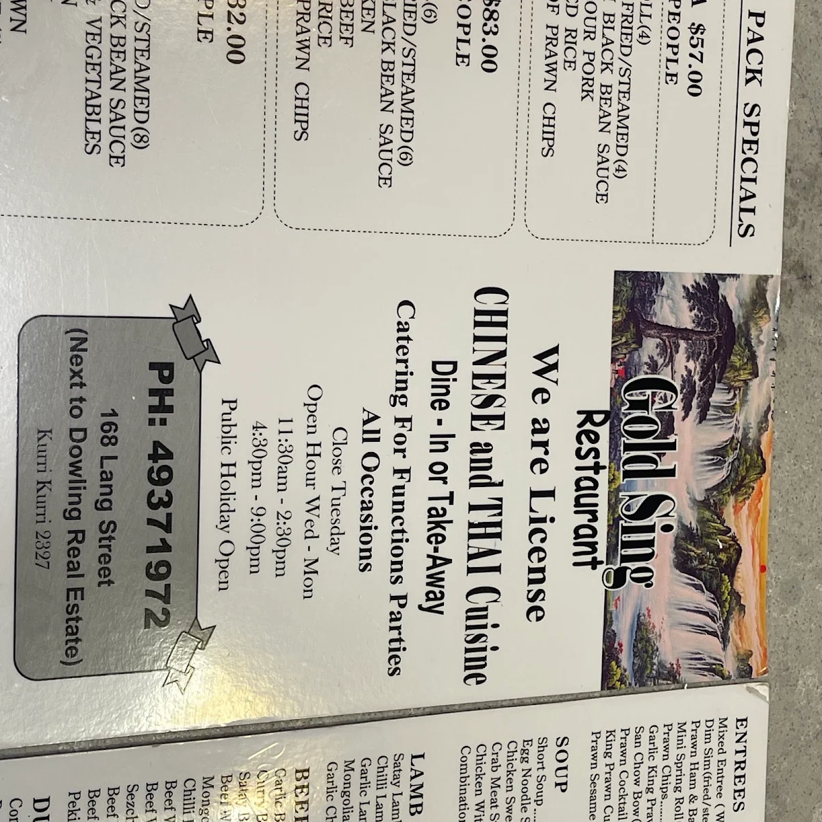 Menu, Gold Sing Restaurant
