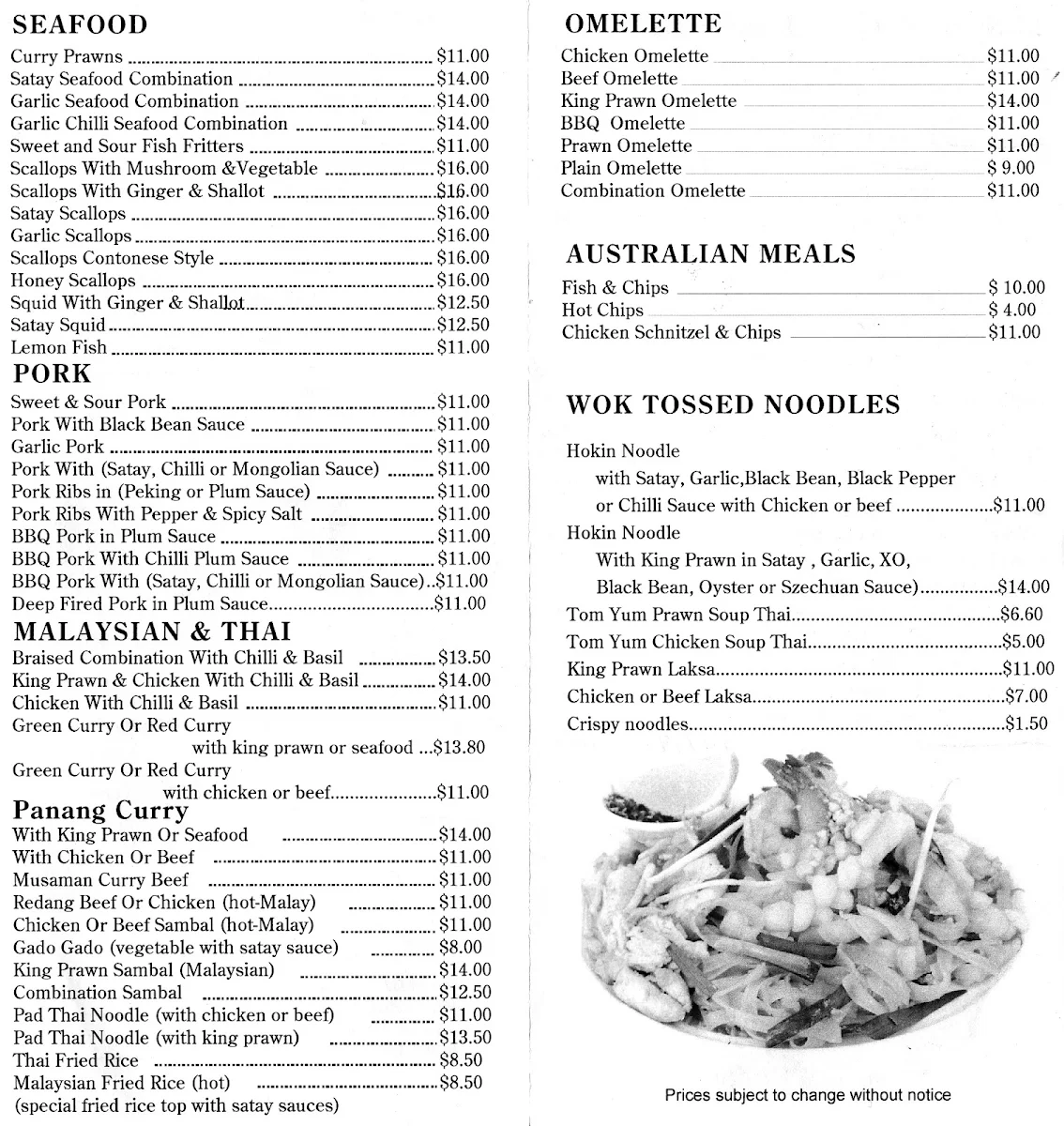 Menu, Gold Sing Restaurant