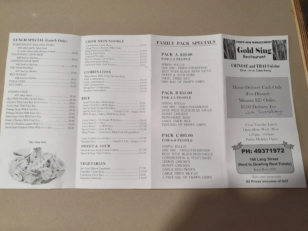 Menu, Gold Sing Restaurant