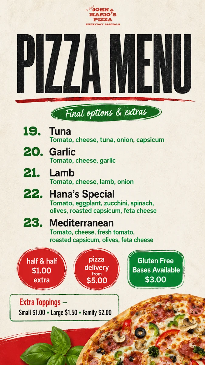 Menu, John & Mario's Pizza