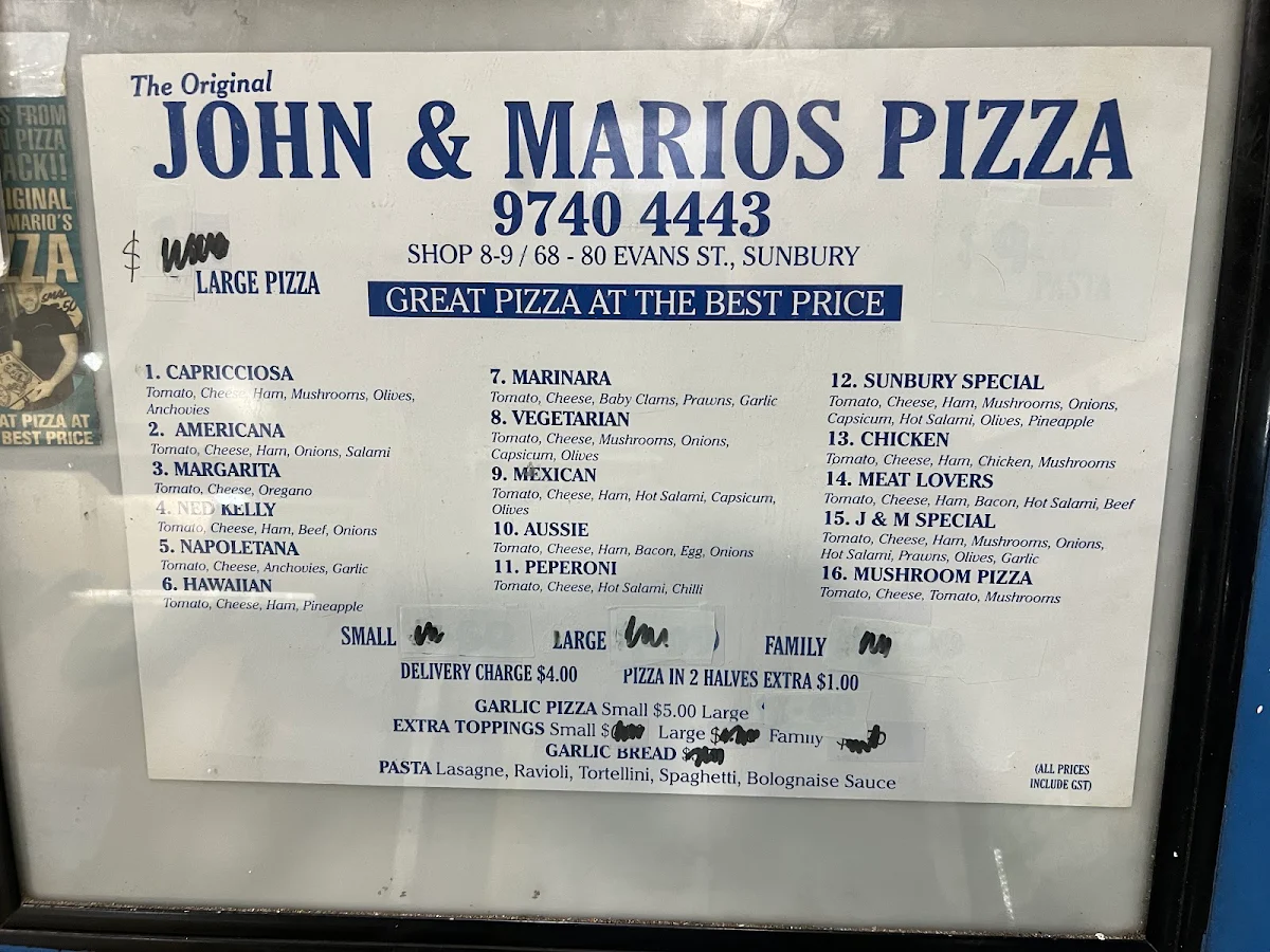 Menu, John & Mario's Pizza