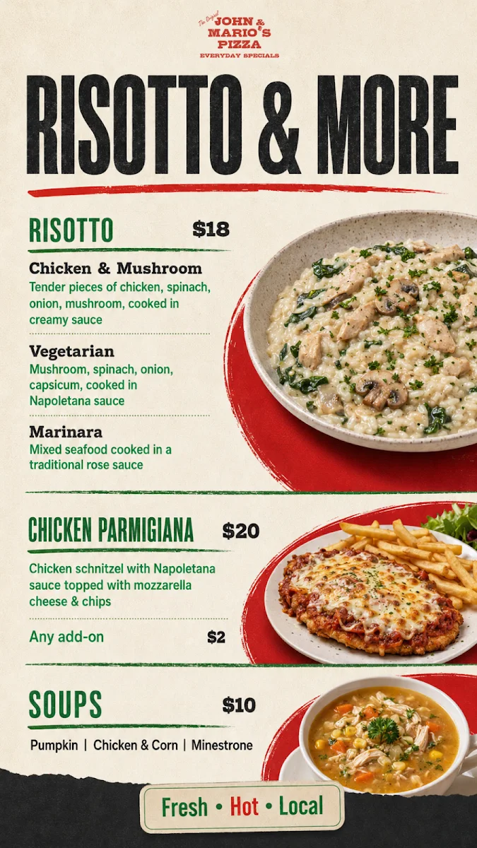 Menu, John & Mario's Pizza