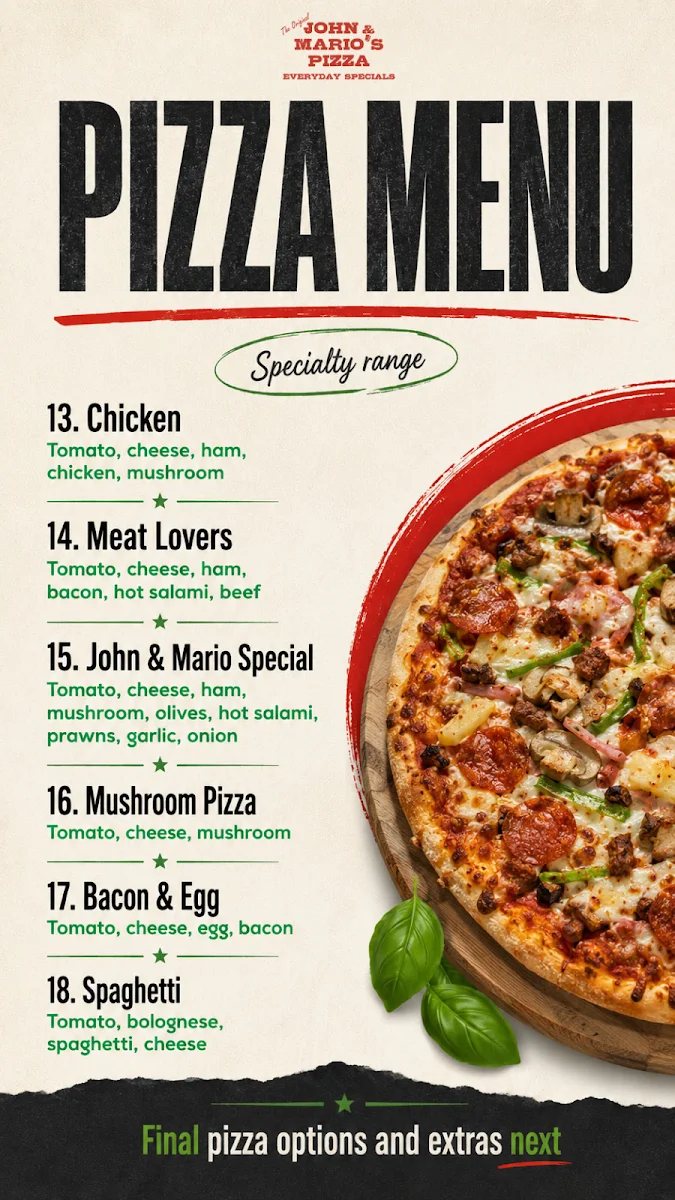Menu, John & Mario's Pizza