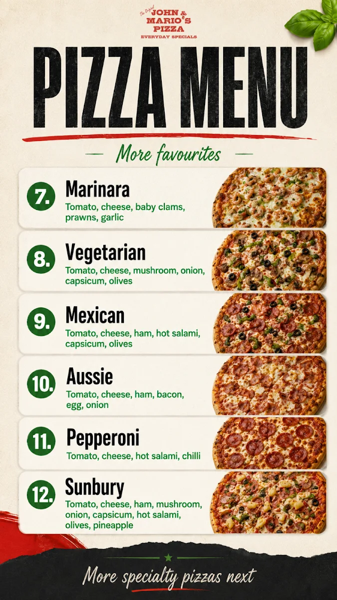 Menu, John & Mario's Pizza