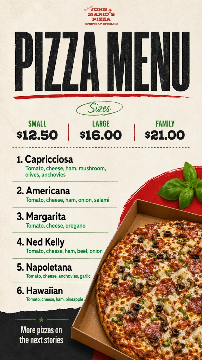 Menu, John & Mario's Pizza